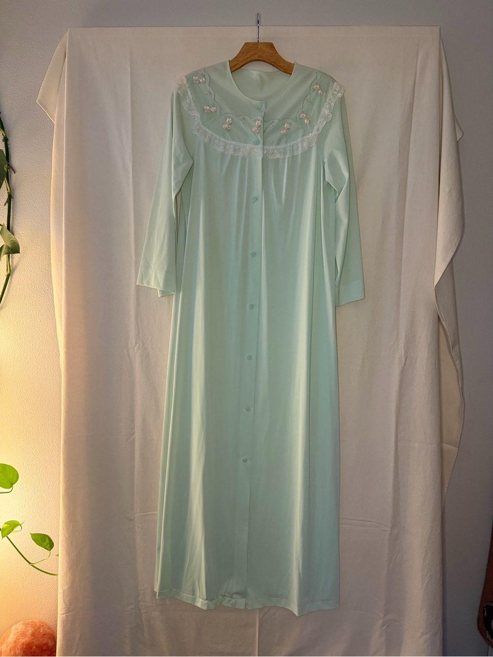 True Vintage Mint Green Long Button-Front Nightgown with Lace Yoke Made in USA